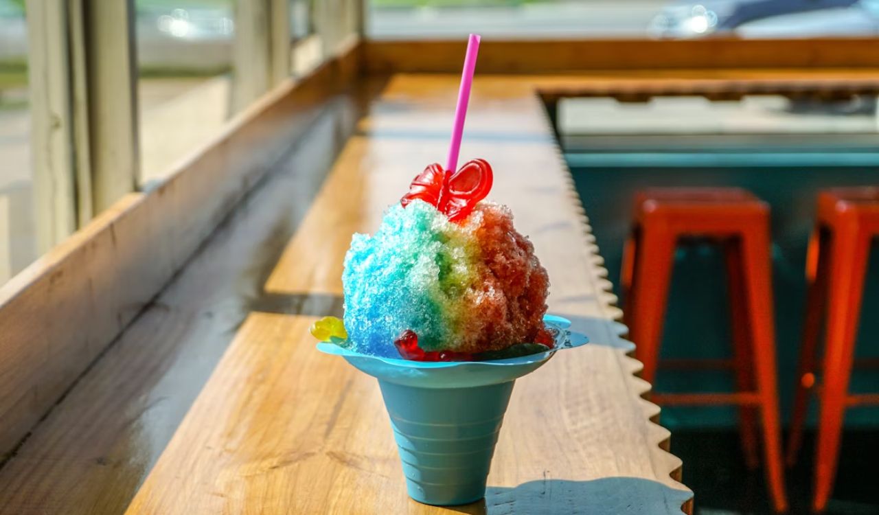 Fancy and colorful rainbow flavored snowcone