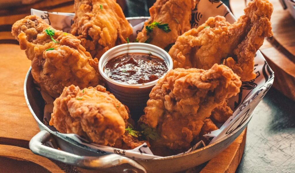 Fried chicken on stainless steel tray