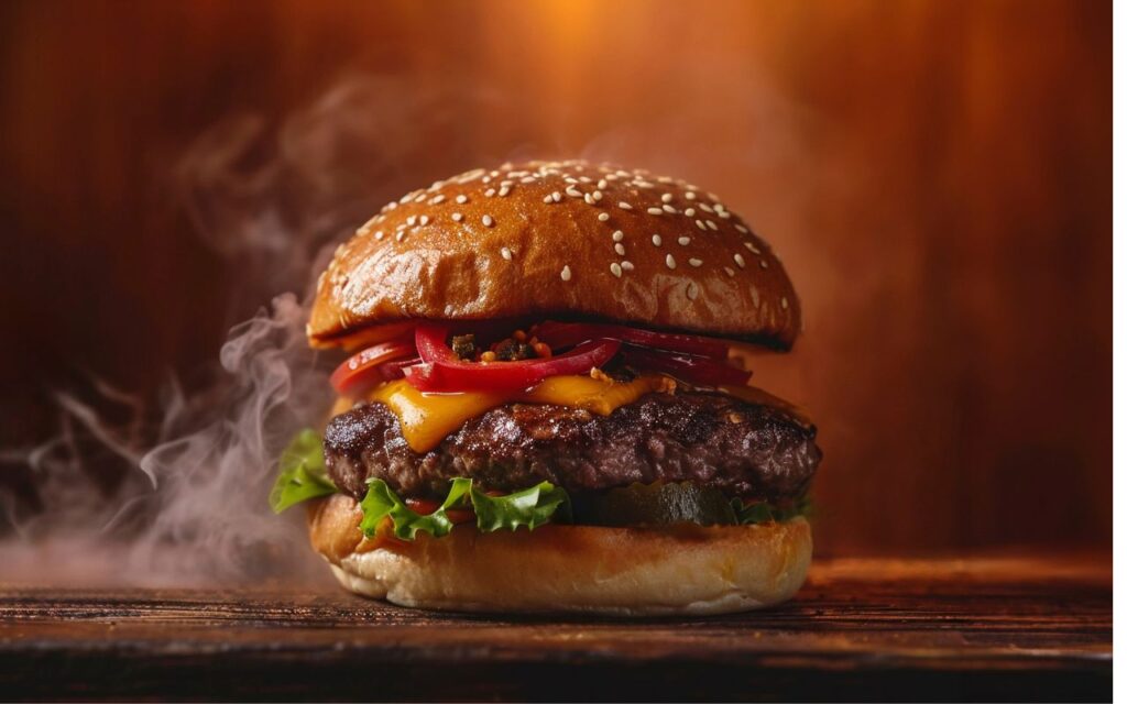 Steaming cheeseburger on a sesame bun