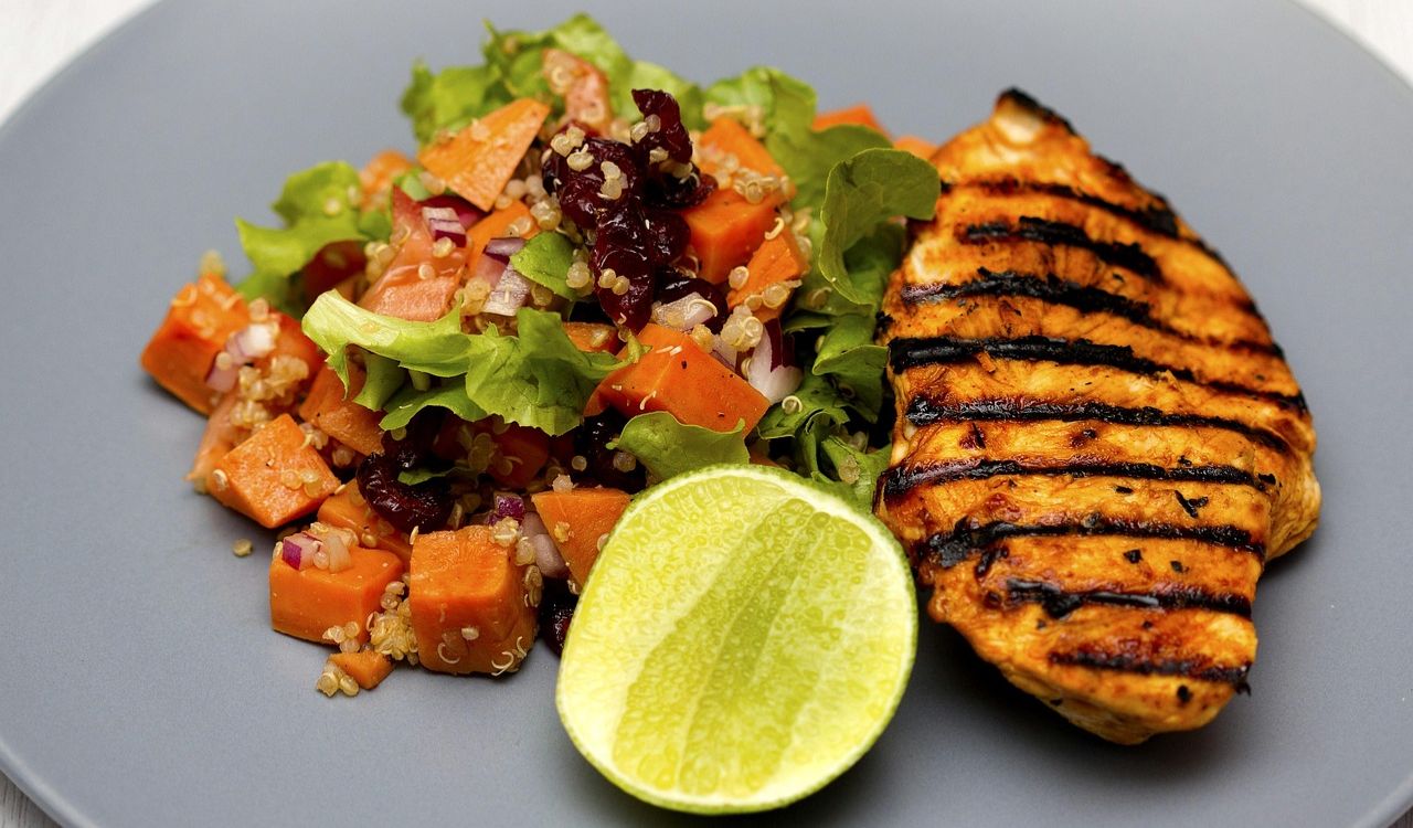 Grilled chicken, Quinoa, Salad image.