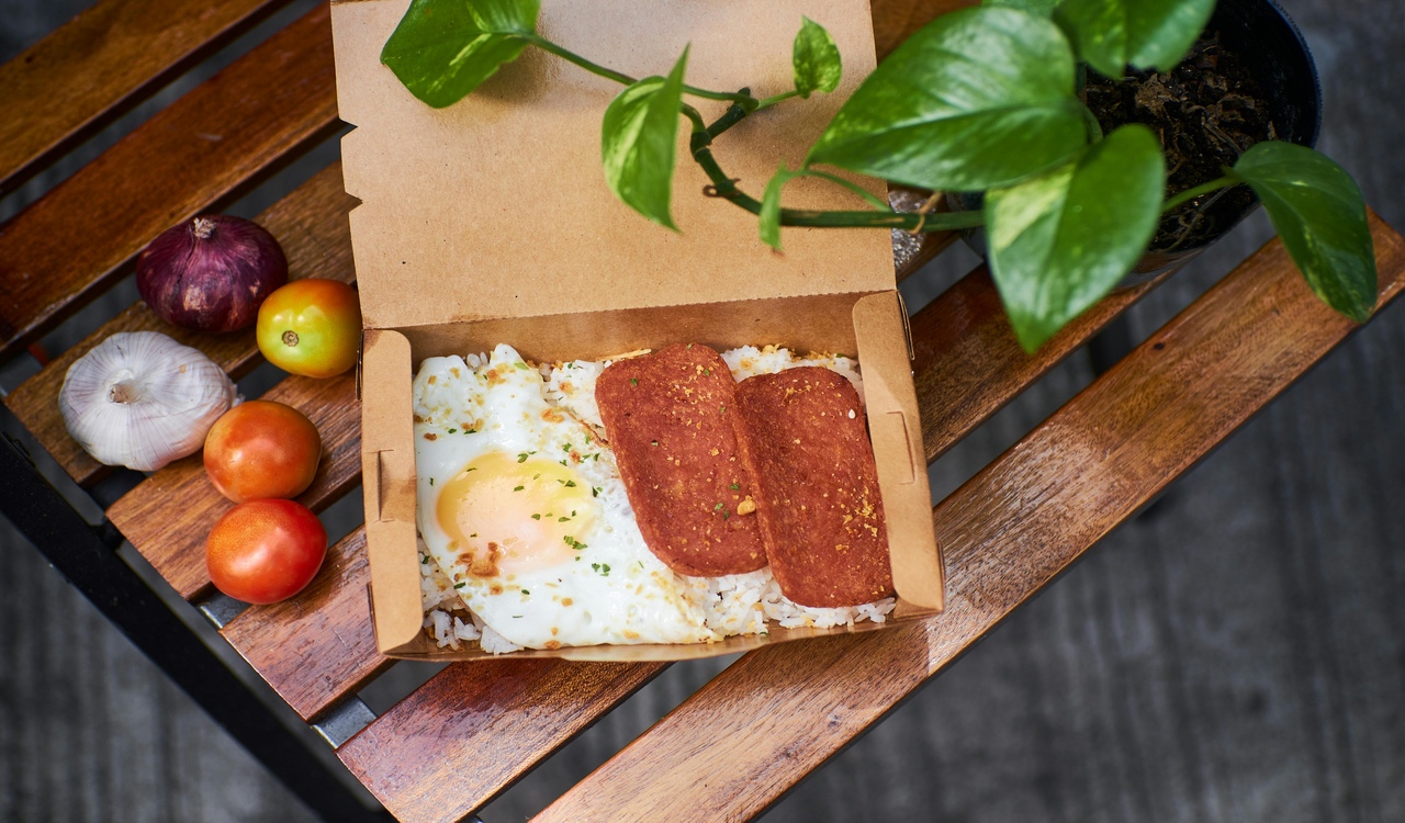 Egg and Meatloaf in a Take Out Box