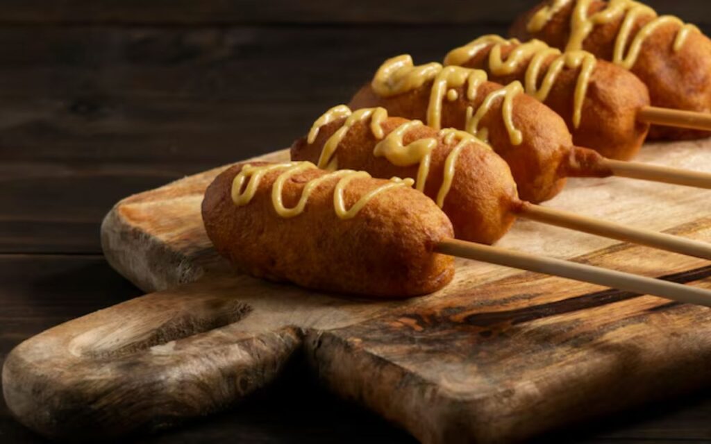 Corn dogs with mustard drizzle