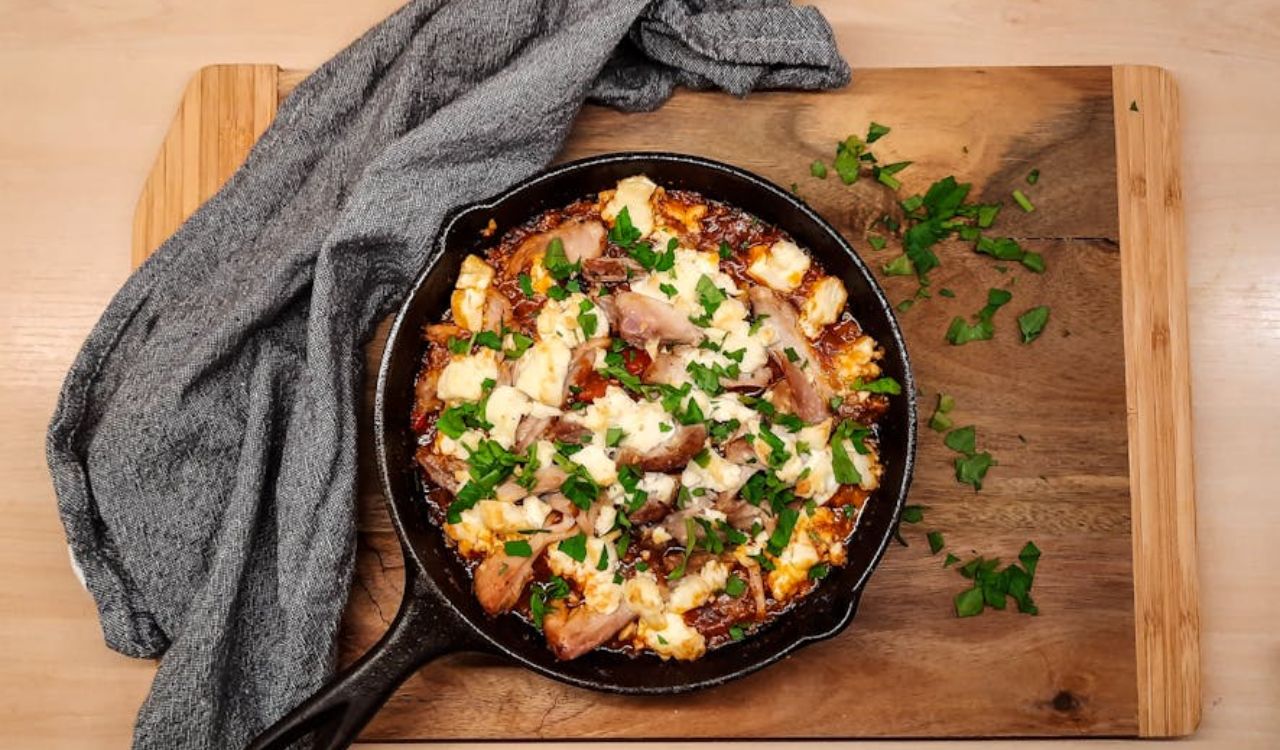 Meal on cast iron pan