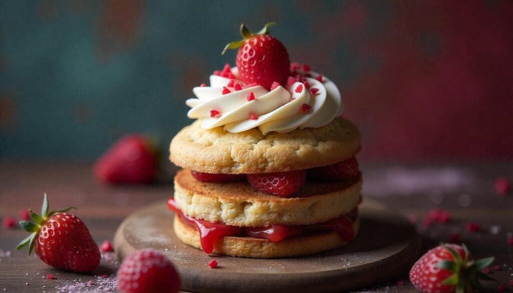 Strawberry shortcake stack with whipped cream and jam filling