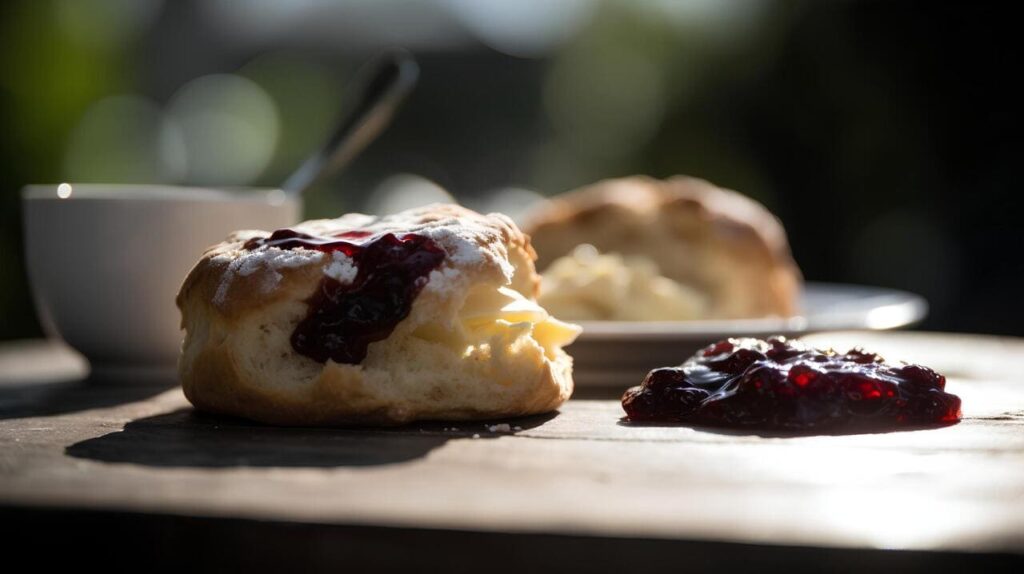 Creamy scones with berry jam on wooden table.