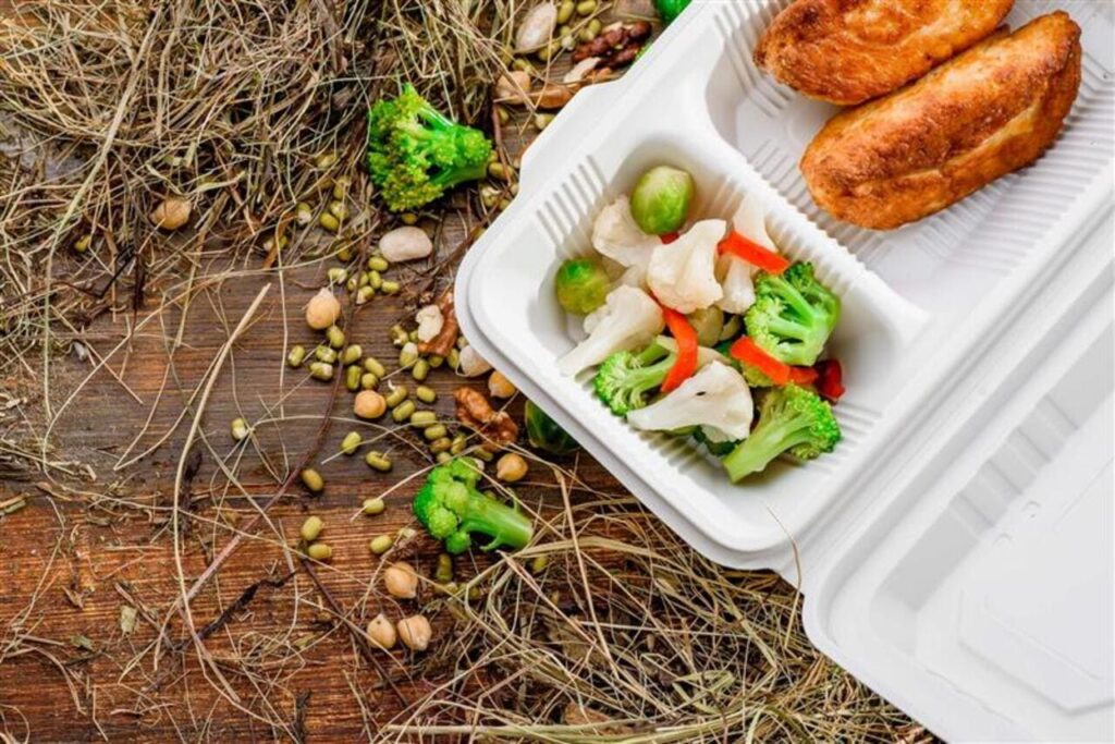 Take away for diet. Fitness nutrition, vegetables, meat and fruits in eco boxes. at wood and straw with copy space. 