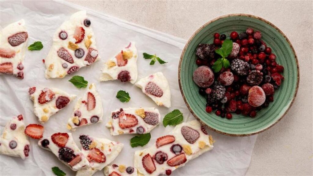 top view deloicious frozen fruit yogurt
