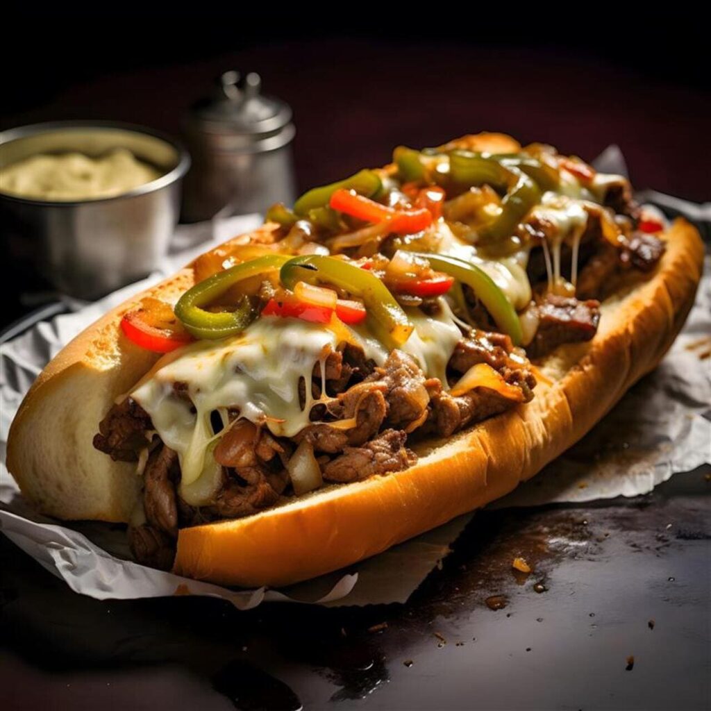 A Philly cheesesteak sandwich with melted cheese, peppers, and onions, all on a toasted hoagie roll.