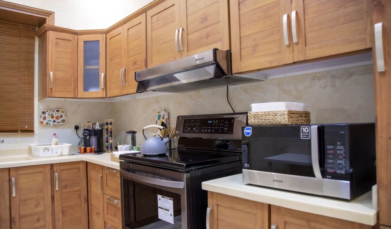 Microwave oven in kitchen