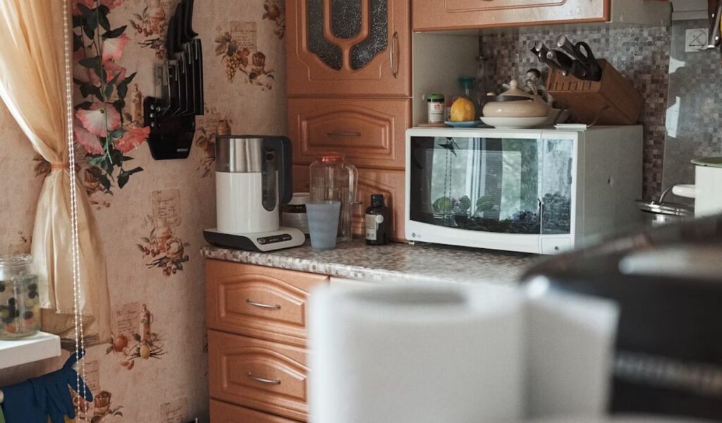 Microwave oven on counter