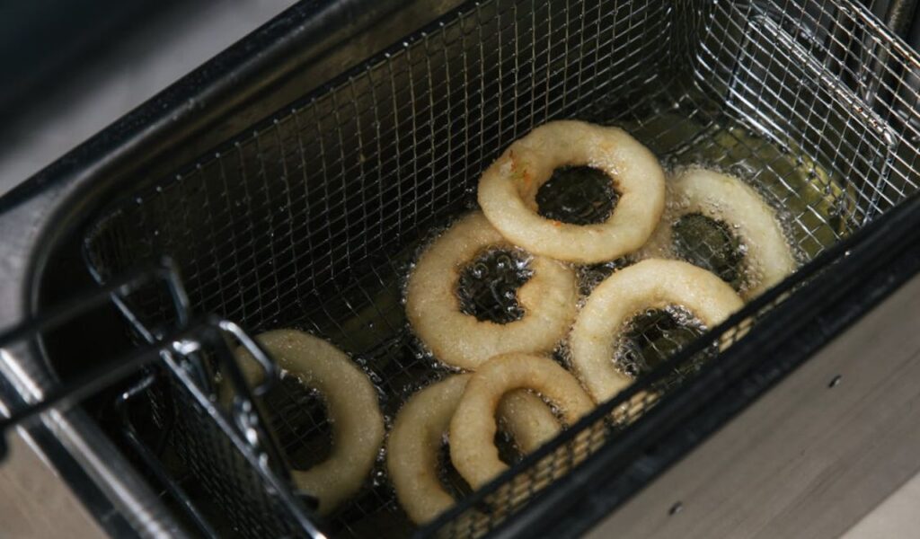 Onion rings in fryer