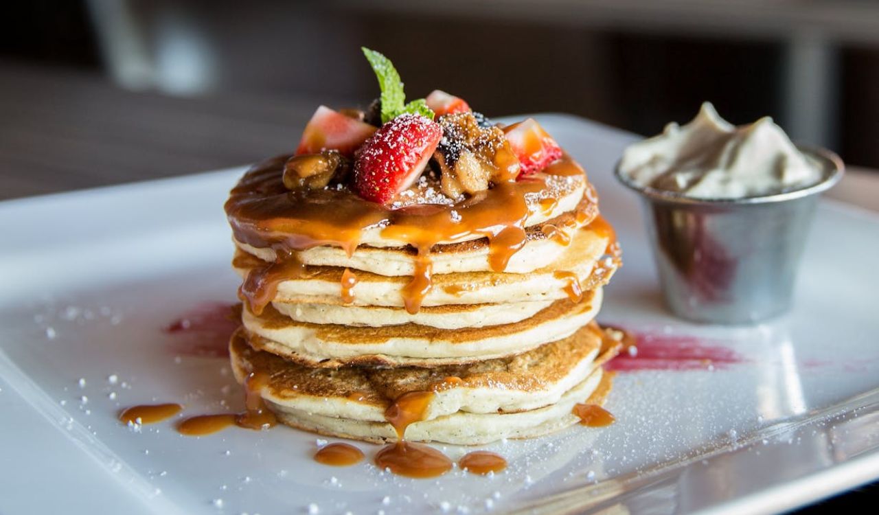 Pancakes with sliced strawberry