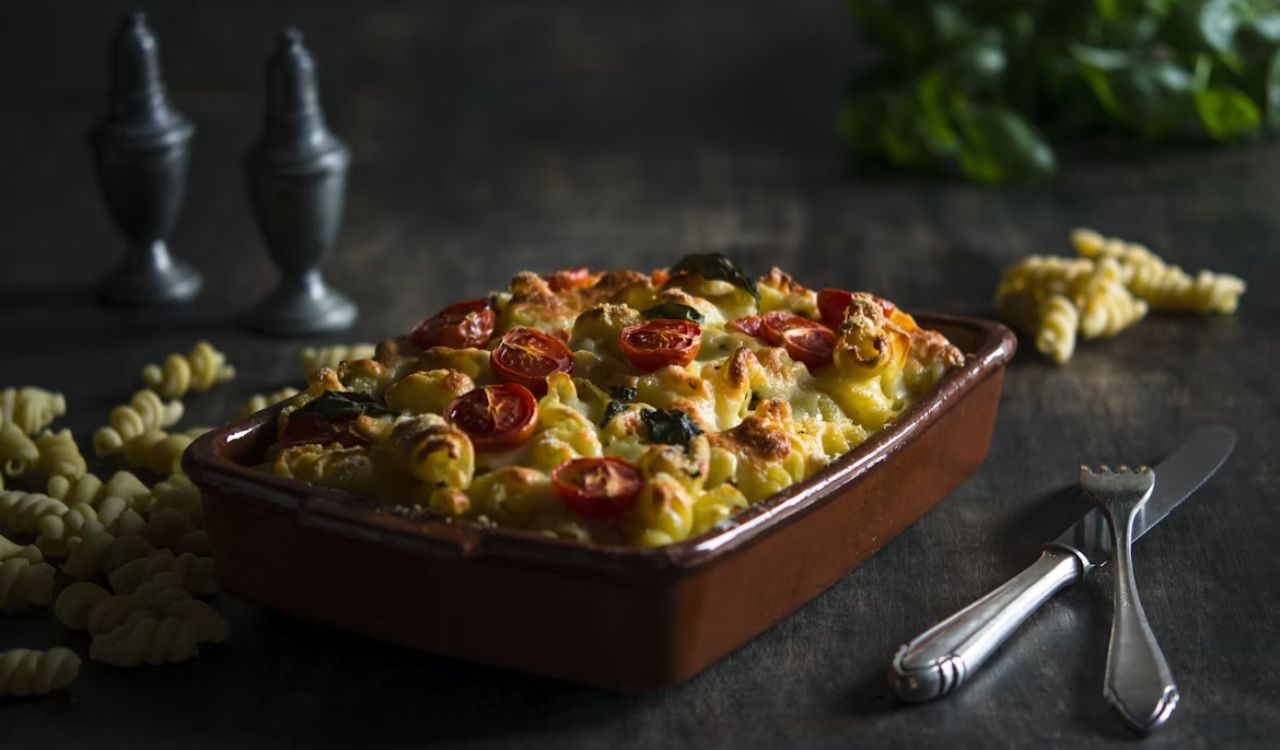 Pasta casserole on brown ceramic tray