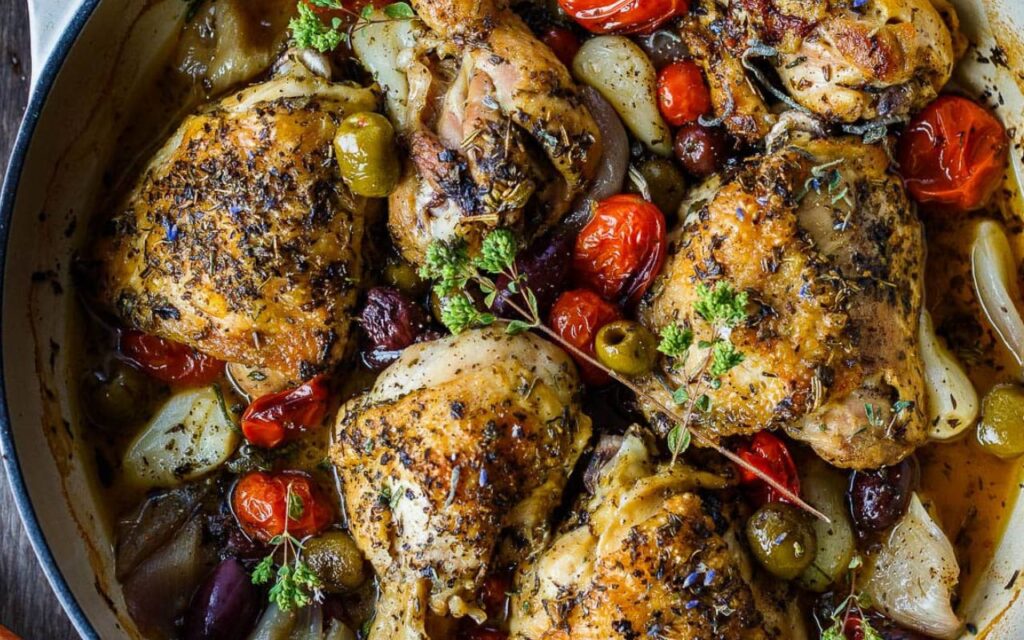 Roasted chicken with tomatoes, olives, and herbs