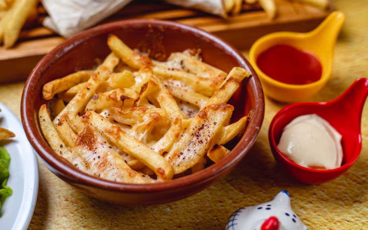 Cheesy fries with ketchup and mayonnaise