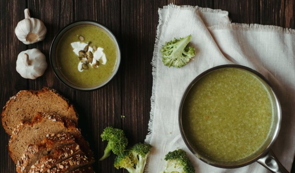 Green Soup on White Ceramic Bowl