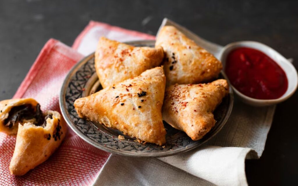 Samosas with dipping sauce on a plate