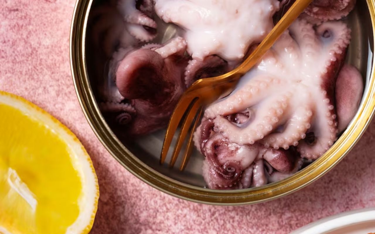 Canned octopus with a lemon wedge on the side