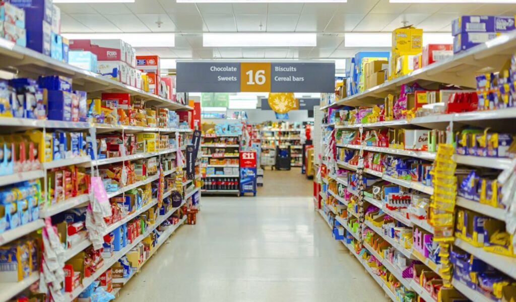 Shelves of snacks in a supermarket