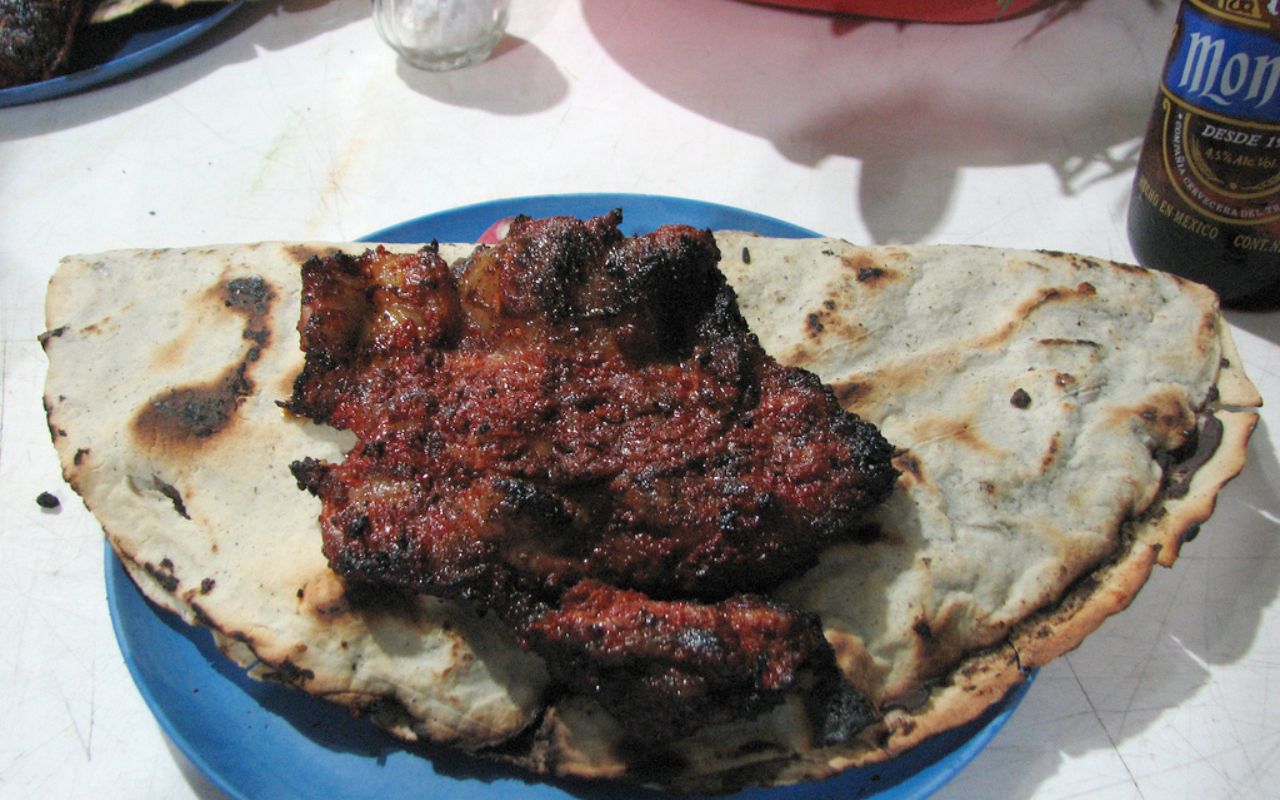 Grilled skirt steak on flatbread