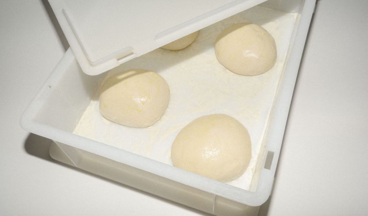 Three balls of dough in a plastic container