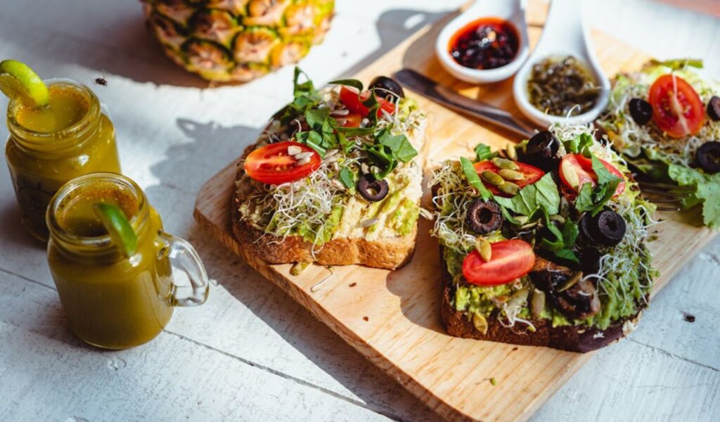 Toasted Bread with Toppings on a Wooden Board