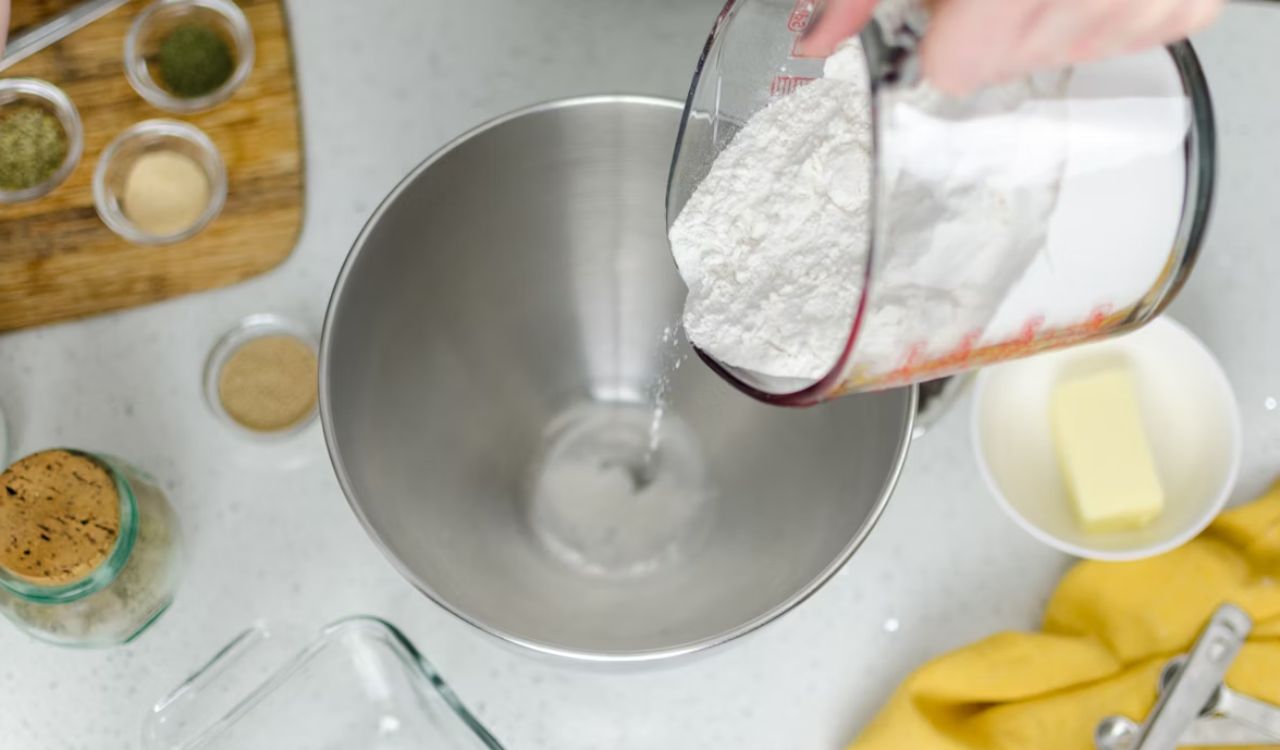 Top-down food photography of bread baking in progress