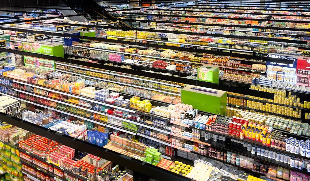 Vibrant supermarket aisles with products