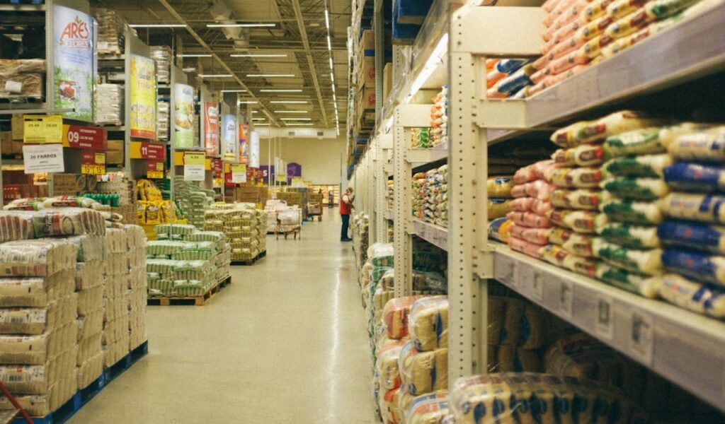 White metal shelf with food packs