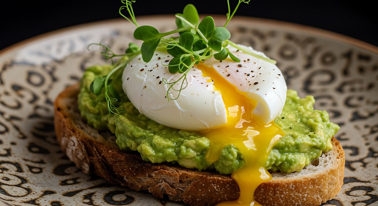 A perfectly poached egg on buttered toast with yolk spilling onto the plate.