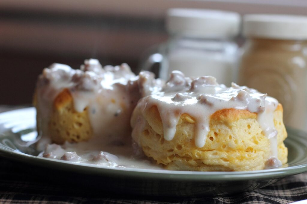 Biscuit, Gravy, Breakfast image. 