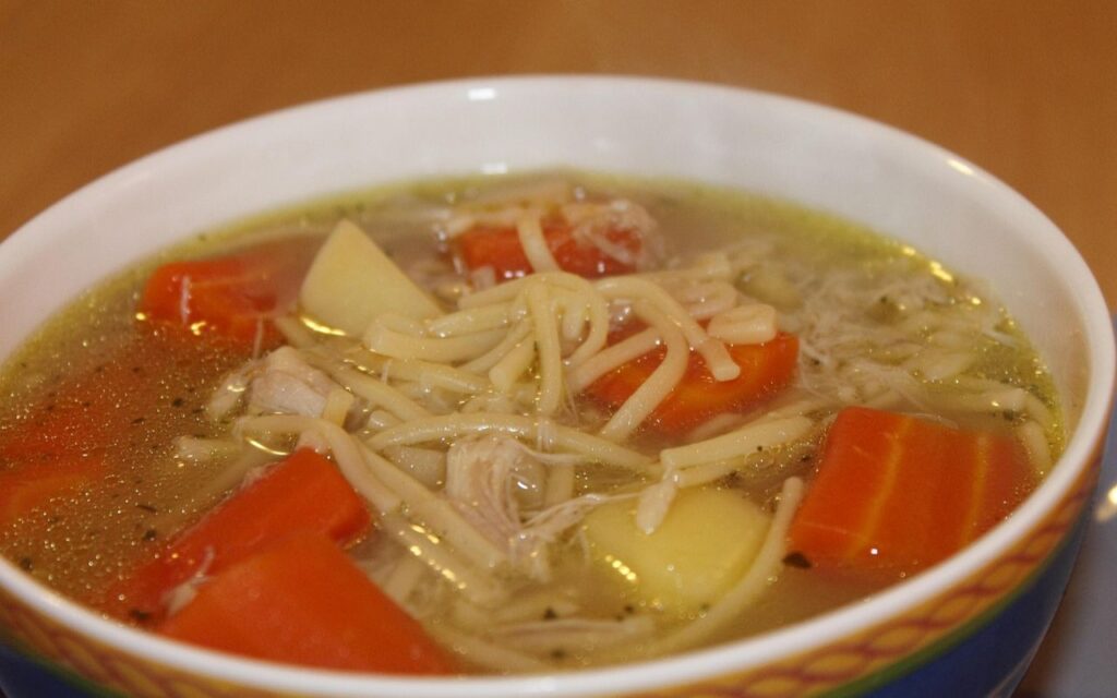 Bowl of chicken noodle soup with carrots and potatoes