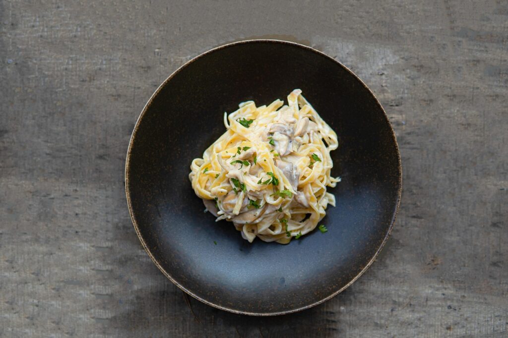 Creamy mushroom chicken pasta, Food, Dish image.