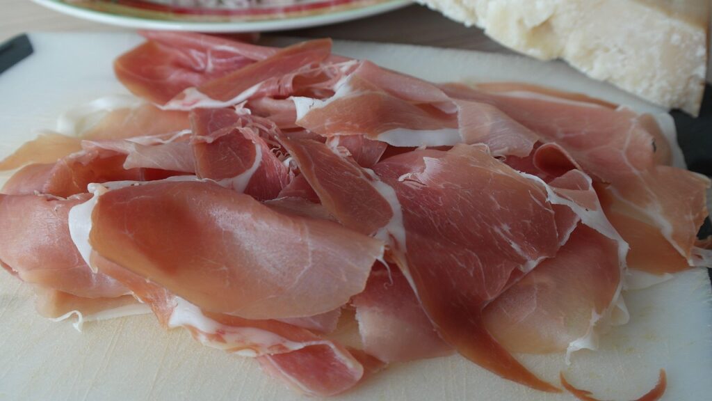 Ham, Parma ham, Raw image. 