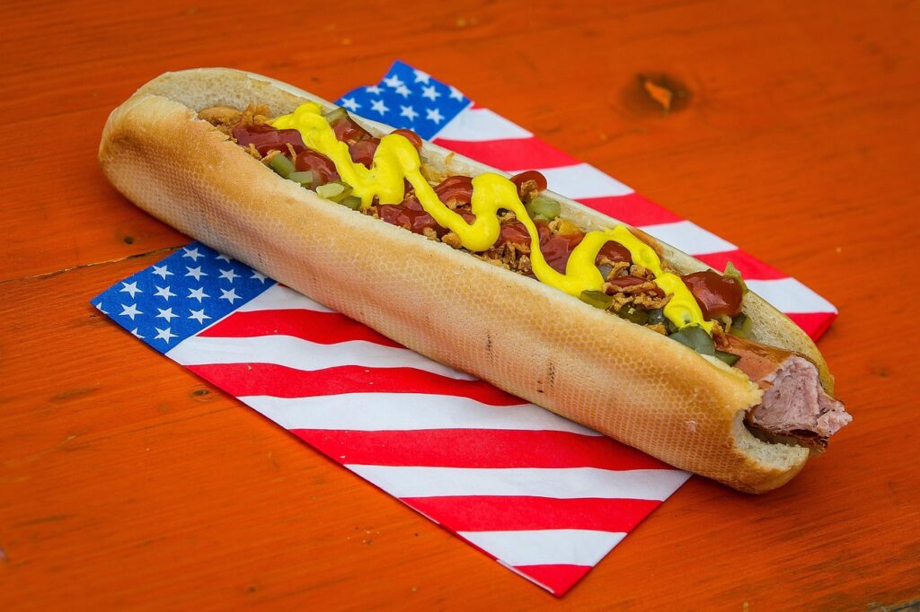A well-styled hot dog with mustard and relish 