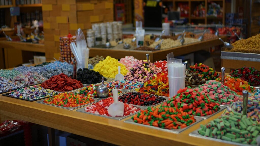 Seasonal or holiday-themed supermarket displays filling an entrance area.