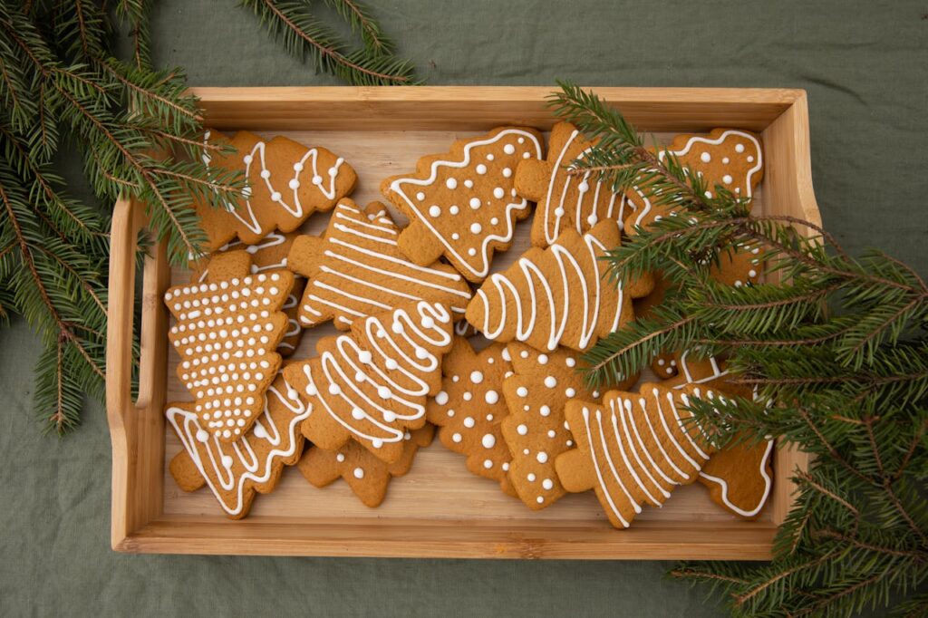 Brown Christmas Tree-Shaped Gingerbread Cookies in a Wooden Crate