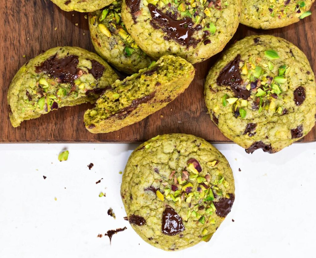 Green matcha cookies with white chocolate chips.