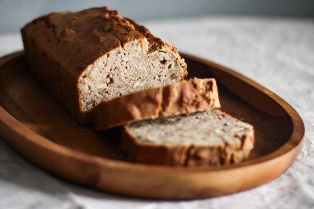 Sliced banana bread made with applesauce