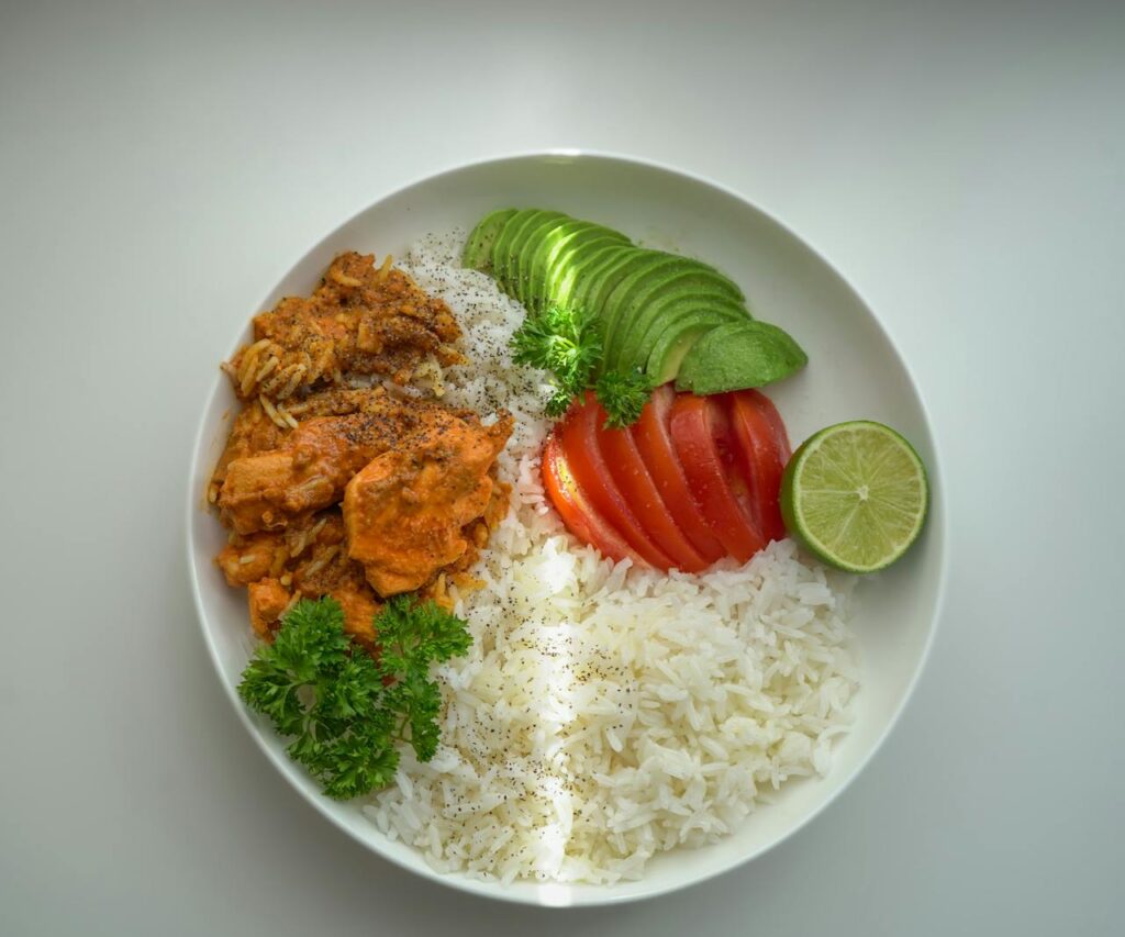 Meal with Pork, Rice and Vegetables