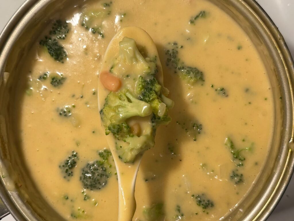 A ladle lifting a thick, velvety soup from the pot.