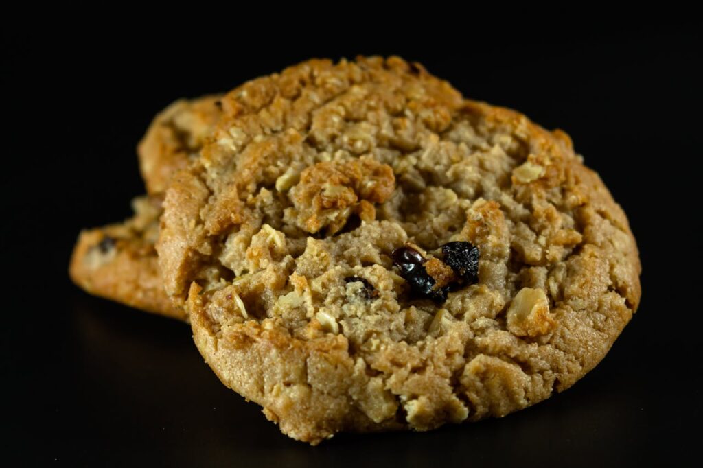 Oatmeal raisin cookies with plump raisins and walnuts.