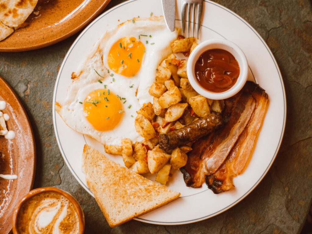 sheet pan hash and eggs, toast on the side.