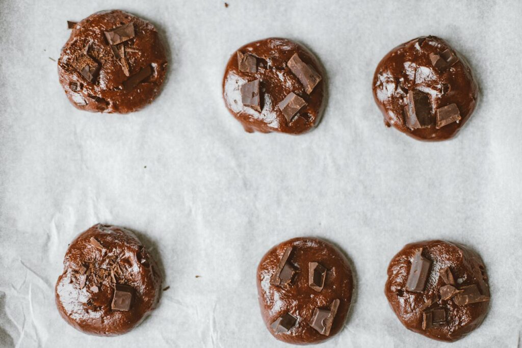 Double chocolate cookies with dark chocolate chunks.