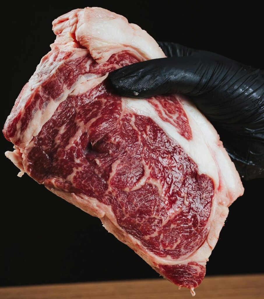 Raw Ribeye Steak Held with Gloved Hand