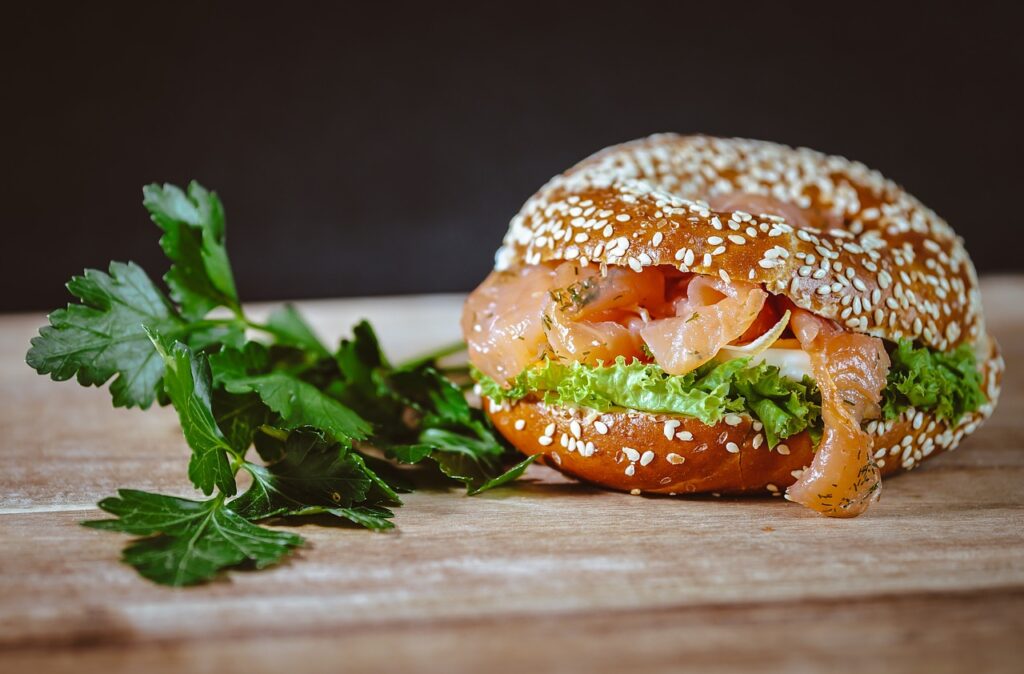 Smoked salmon on a bagel with cream cheese