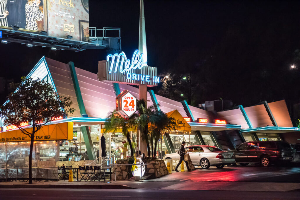Visitors grab a late night meal at Mel's Drive-In on Sunset Boulevard. Mel’s Drive-In is an American restaurant chain founded in 1947.