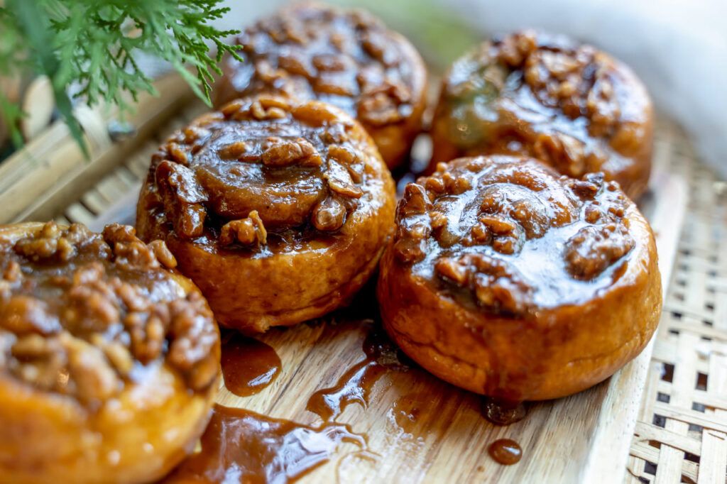 Homemade Sticky buns closeup.