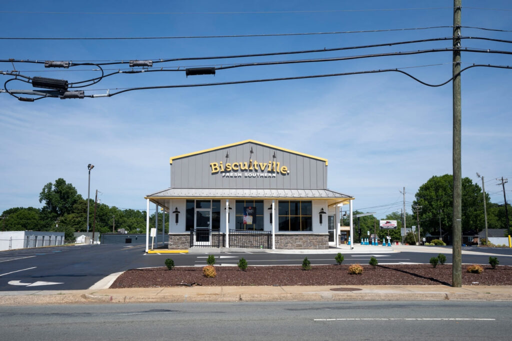  Front view of a Biscuitville restaurant in Burlington, North Carolina. Biscuitville Fresh Southern is a family-owned regional fast-food restaurant chain.