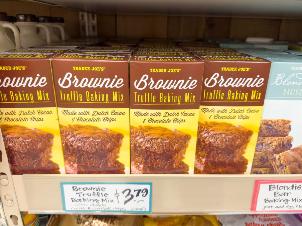 : A view of several packages of Trader Joe's brownie mix.
